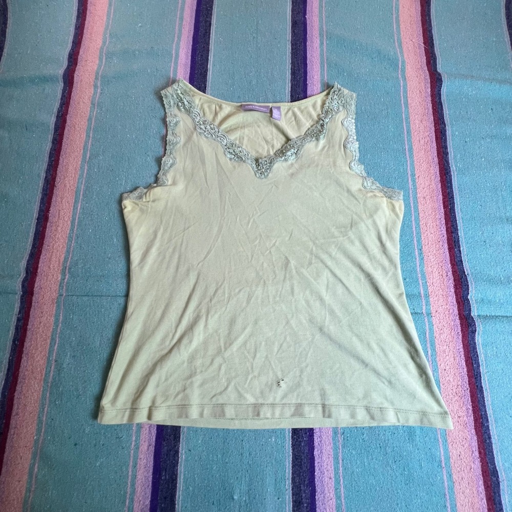 Croft & Barrow Tank Top Womens Medium Green Lace Trim Beaded V-Neck Stretch